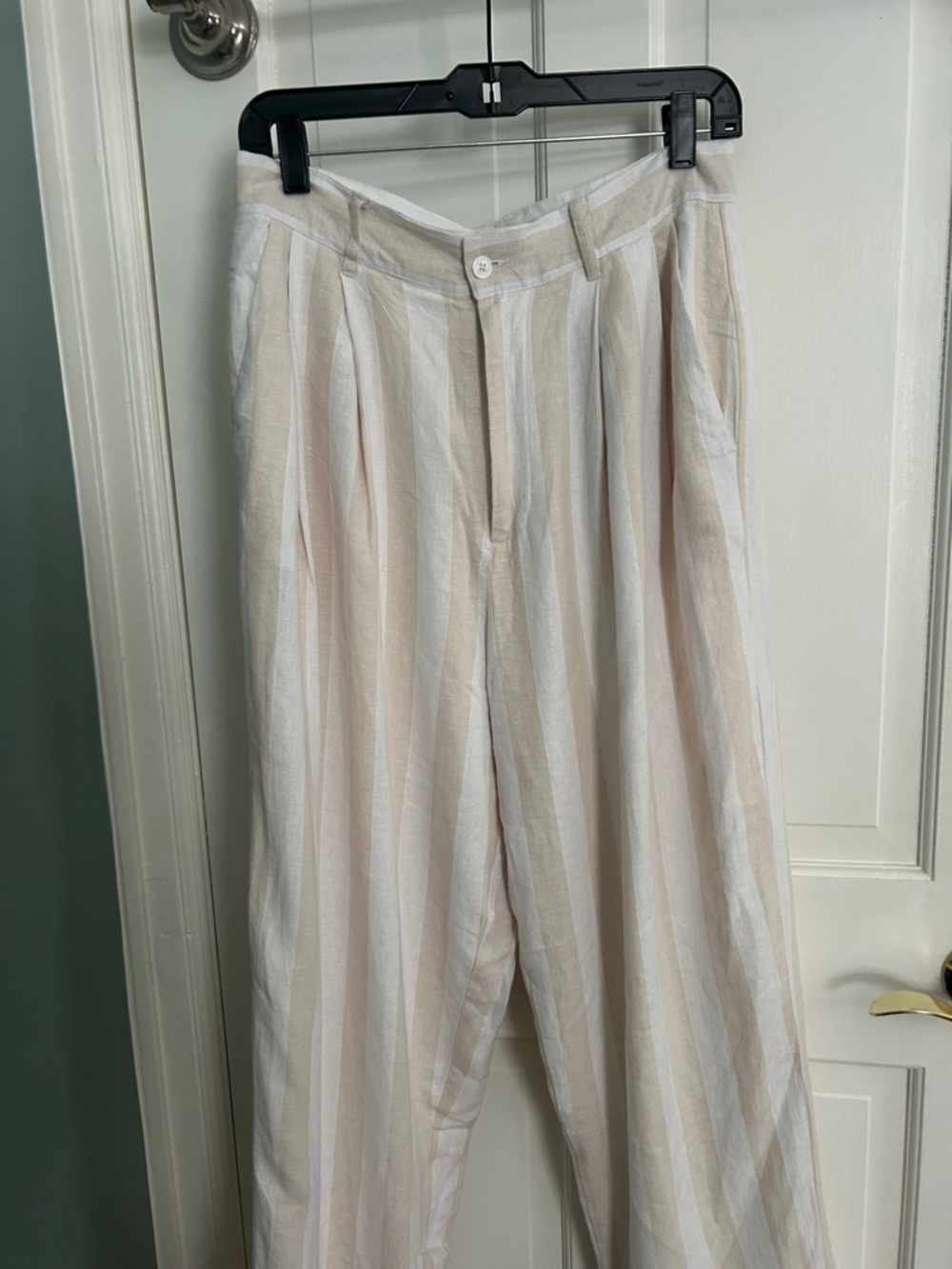 Wide Leg Striped Linen-Blend Pants in Beige & White
